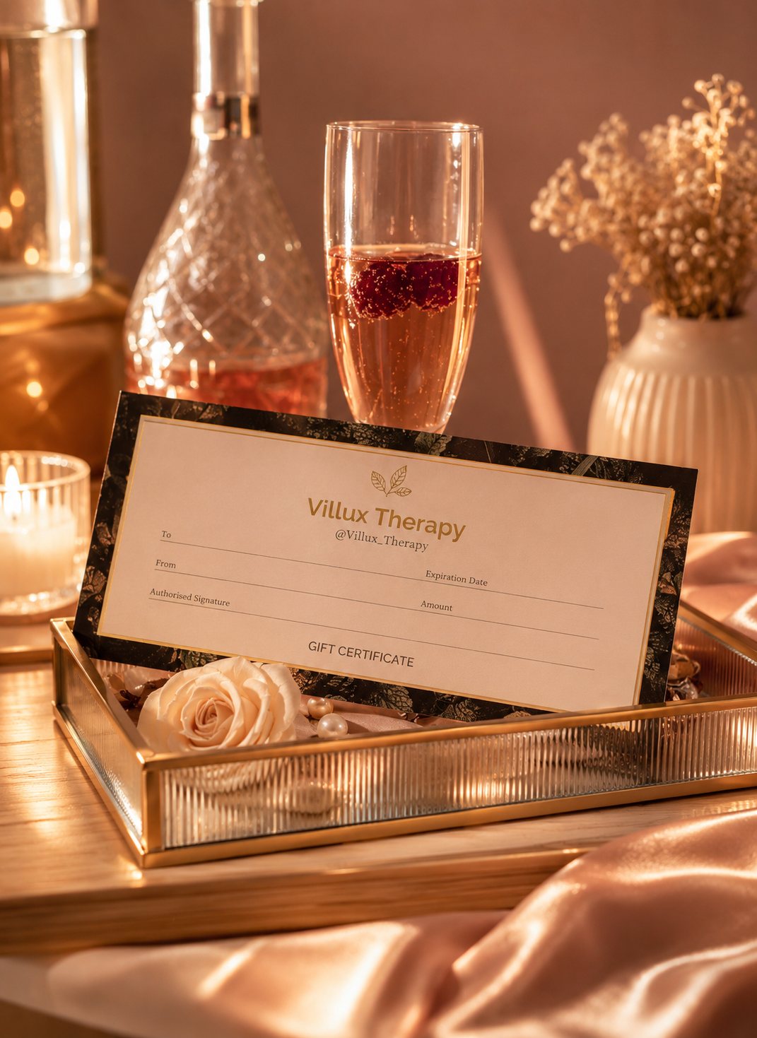 Villux Therapy gift certificate with flowers and sparkling drink