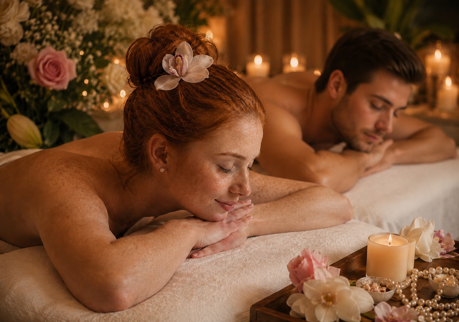 Couple enjoying a candlelit spa massage