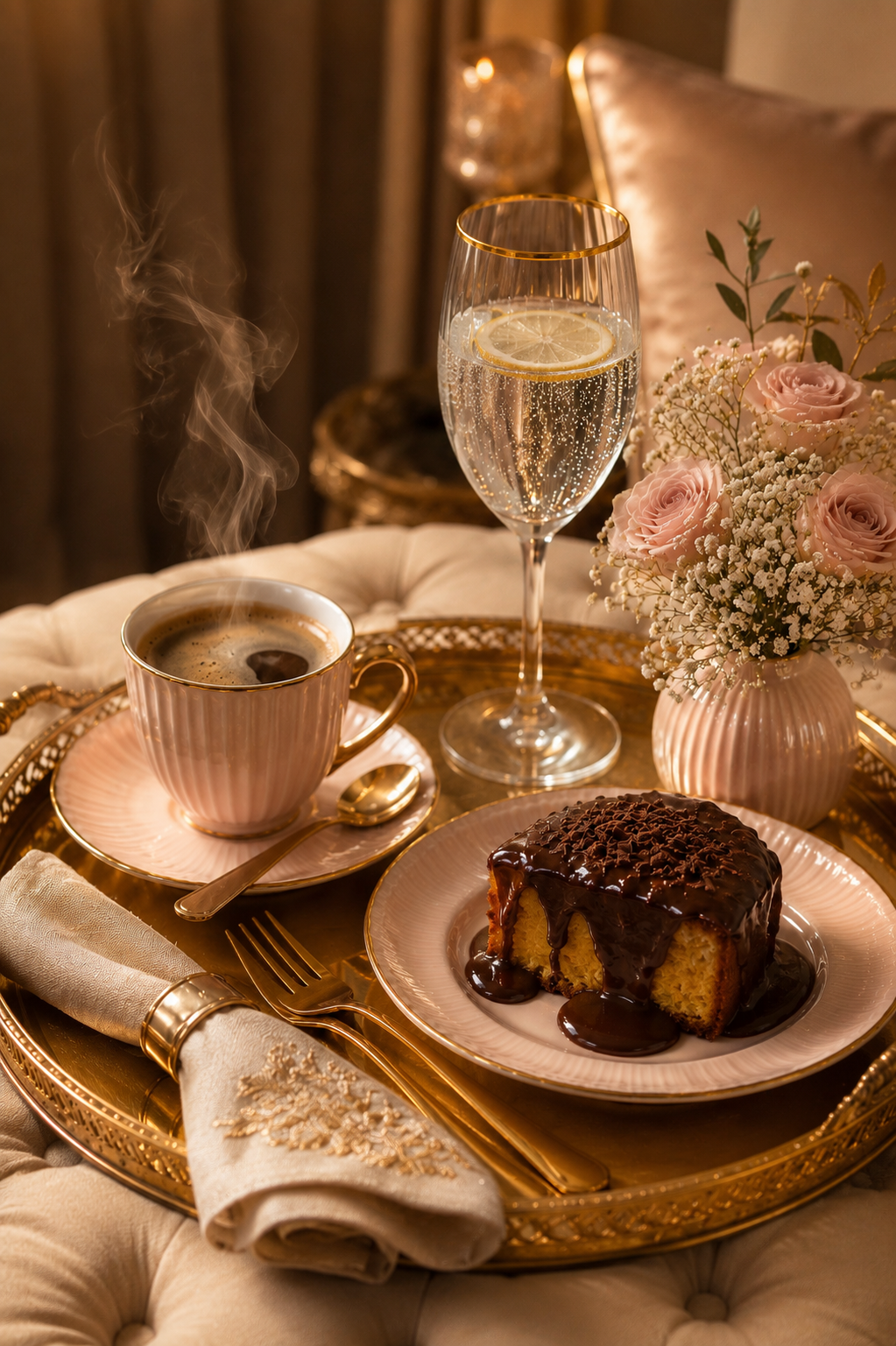 Coffee, cake, flowers and sparkling water