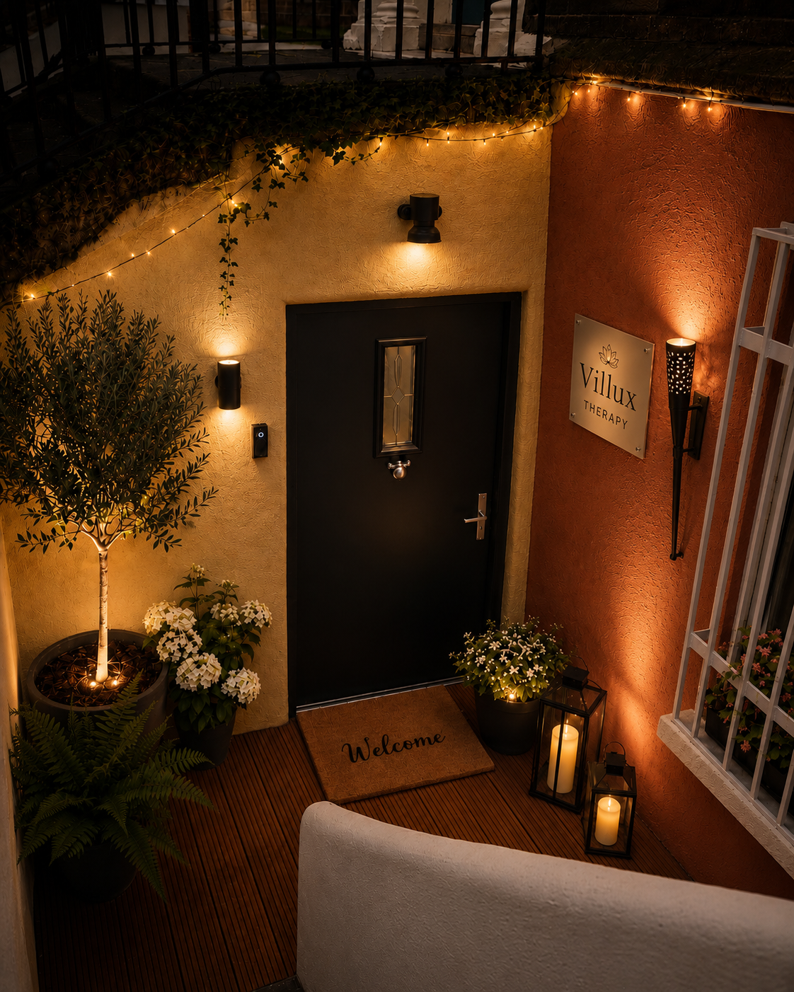 Hidden illuminated entrance to Villux Therapy at night